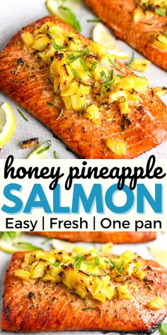 salmon with lemon and pineapple salsa on top is shown in two different photos, one has