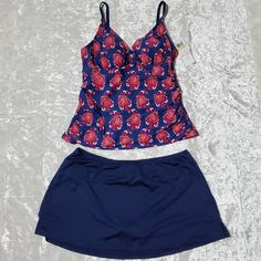 Dark Skort Bottoms Top Has Print Size M New With Tags Red Stretch Beachwear Sets, Red Stretch Beach Sets, Red Stretch Sets For The Beach, Fitted Sleeveless Sets For Poolside, Fitted Blue Beach Set, Blue Fitted Swim Set, Fitted Blue Swim Sets, Navy Fitted Tankini For Vacation, Blue Beachwear Sets For Poolside