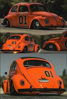 an orange vw bug with the number ten painted on it's front and side