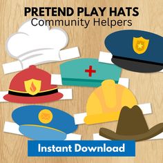 paper hats with the words pretend play hats community helpers