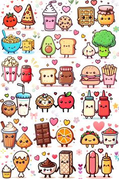 kawaii food couples holding hands including pizza with tomato, burger with cheese, bread slice with jam jar and more Doodle Art For Boyfriend, Kawaii Doodles Cute Sticker, Cute Food Drawings Kawaii, Kawaii Valentines Day, Kawaii Food Stickers, Couple Kawaii, Couple Stickers, Photo Kawaii, Couples Valentines Day