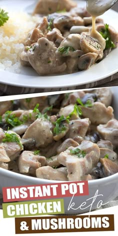 two plates filled with chicken and mushrooms next to rice