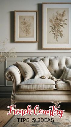 a couch sitting in front of two pictures on the wall with words french country tips and ideas