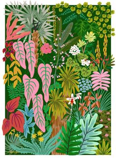 an illustration of tropical plants and flowers in pink, green, blue, yellow and white colors