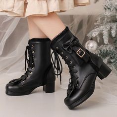 Customized Product. is not eligible for return. Ship In 5-12 Days.Fabric Material: PuColor: Black. White. PinkHeels Height: 5cm/1.97" Black High Heel Winter Lace-up Boots, Vintage Black Winter Boots, Fitted Black Lace-up Boots For Winter, Fitted Black Lace-up Winter Boots, Black Lace-up Boots For Winter Parties, Vintage Black Lace-up Boots For Fall, Vintage Black Lace-up Boots For Winter, Vintage Black Lace-up Winter Boots, Vintage Black Lace-up Boots With Round Toe