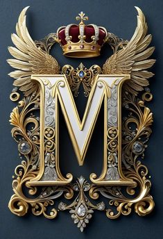 the letter m is decorated with gold, silver and red accents on a black background