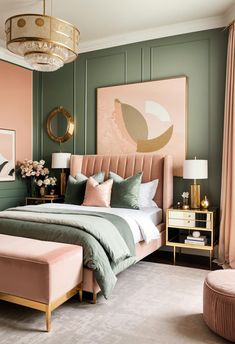 a bedroom with green walls, pink bedding and gold accents on the headboard