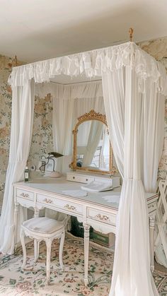 Classy Apartment, Vanity Setup, Vanity Table Vintage, Classic Vanity, Vanity Space, Canopy Curtains, Plush Chair, Elegant Vanity, Gilded Mirror