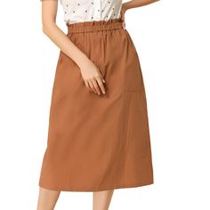 Remember the good times in this cotton A-line midi skirt.Simple and delicate, this skirt features elastic waist, slash pocket, solid color, cotton fabric, A-line, and midi length.From Monday to Sunday, this skirt is effortless to throw on.With the design of elastic waist, this skirt is easy to wear for all kinds of body shapes.Pair perfectly with a T-shirt or shirt for a stylish look. Size: small. Color: brown. Gender: female. Age Group: adult. Spring Maxi Skirt With Elastic Waistband, Casual Cotton Skirt With Pleated Waist, Spring Maxi Skirt With Elastic Waistband For Daywear, Modest Midi Skirt With Elastic Waistband, Modest Fall Skirt With Elastic Waistband, Modest Solid Skirt With Elastic Waistband, Spring Maxi Skirt With Pockets For Daywear, Cotton Maxi Skirt With Elastic Waistband For Work, Solid Cotton Skirt With Pockets