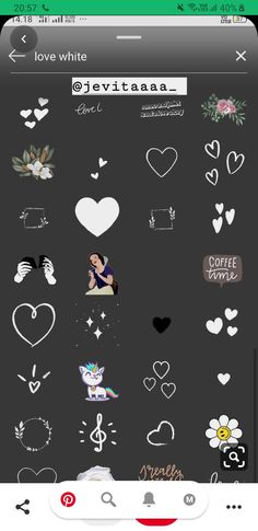 an iphone screen with various stickers on the back and side of it, including heart shapes