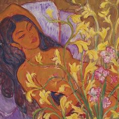 a painting of a woman laying in bed next to yellow flowers and a purple blanket