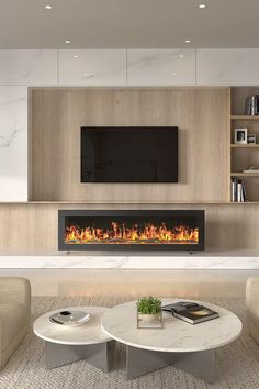 modern living room with fireplace and built - in entertainment center, white marble coffee table