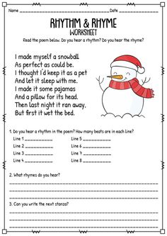 christmas poem worksheet for kids to read and practice their writing skills on the snowman