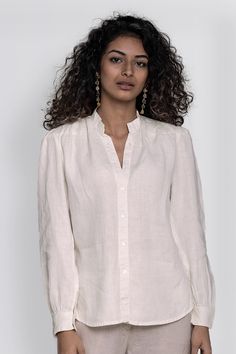 TheWildRiverShirtinOff-white-1 Classic Long Sleeve Tops With Gathered Sleeves, Elegant Linen Tops For Office, Elegant Linen Office Top, White Collared Top With Blouson Sleeves, Classic Button-up Shirt With Blouson Sleeves, Classic Tops With Blouson Sleeves, Classic Linen Tops For Office, Classic Shirt With Blouson Sleeves, Classic Linen Office Tops