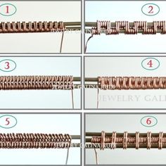 four pictures showing how to wire an electrical device with copper colored coils and the words jewelry gallery written below