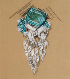 Cartier brooch design (Platinum setting with blue topaz and cascading diamonds) by peacay, via Flickr Jewel Drawing, Brooch Design, Jewelry Rendering, Jewellery Design Sketches, Jewelry Illustration, Jewelry Design Drawing, Jewelry Drawing, Jewellery Sketches, Harry Winston