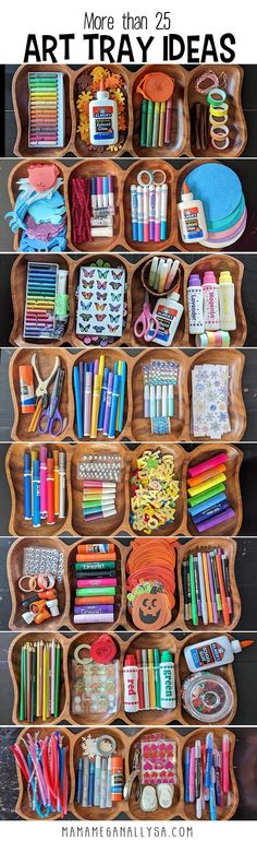 an art tray filled with lots of different colored crayons and other crafting supplies