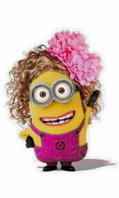 a minion with glasses and a pink flower in her hair