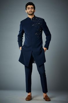 Shop for Gargee Designers Blue Polyester Constellation Placement Embroidered Bandhgala Set for Men Online at Aza Fashions Luxury Black Bandhgala With Mandarin Collar, Luxury Designer Bandhgala With Mandarin Collar, Indowestern Outfits For Men, Western Outfits For Men, Embroidered Bandhgala, Indo Western Outfits For Men, Indian Wedding Suits Men, Jodhpuri Suits For Men, Indian Wedding Clothes For Men