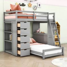 a bunk bed with drawers underneath it in a child's room