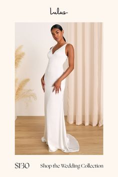 a pregnant woman in a white gown with the words shop the wedding collection