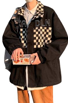 Y2K Retro Aesthetic Autumn Black Unisex Jacket Chess Cell Y2k Black Outerwear For Streetwear, Black Y2k Style Streetwear Outerwear, Y2k Cotton Outerwear For Streetwear, Y2k Black Outerwear With Graphic Print, Fall Patchwork Windbreaker For Streetwear, Black Hip Hop Outerwear For Spring, Y2k Hooded Outerwear With Pockets, Hip Hop Style Black Long Sleeve Windbreaker, Black Hip Hop Windbreaker With Long Sleeves