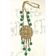 This is part of Chairish’s Costume Jewelry assortment.  Vintage Gold Green Statement Necklace 1970s Sunflower Dangles Beads  ------------------  Stylish gold necklace with beautiful green round beads...the middle pendant is a sunflower design...multiple green beads at the chain plus 5 dangles each ending with that same green bead encased in gold...secure closure.  Overall length of chain: 18"   Plus total pendant drop: 5.50" Vintage Beaded Round Pendant Necklace, Vintage Green Beaded Chain Jewelry, Vintage Green Jewelry With Beaded Chain, Vintage Green Dangle Necklaces, Antique Green Beaded Jewelry, Green Round Jewelry With Dangling Beads, Green Costume Jewelry Beaded Necklace, Vintage Green Pendant Beaded Necklace, Green Costume Jewelry Necklace With Dangling Beads