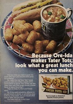 an advertisement for tater tots with hot dogs and other foods