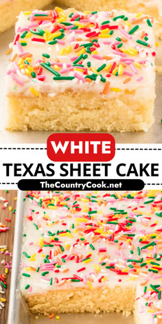 white texas sheet cake with colorful sprinkles on top and the title overlay reads, white texas sheet cake