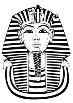 an egyptian mask with black and white stripes on the face, in front of a white background