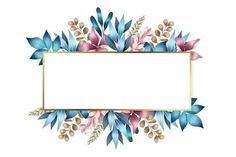 a floral frame with blue, pink and white flowers on the bottom is surrounded by greenery