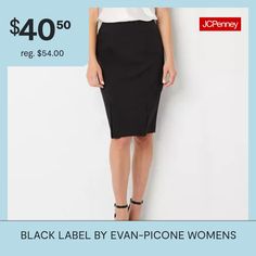 For a formal work day or a night out, this knee-length skirt by Black Label by Evan-Picone looks great paired with a blouse or a t-shirt layered with a blazer. It's made from a soft stretch-crepe and sits right at the waist with kick pleats at the front and back and a concealed side zip closure.Front Style: Flat FrontClosure Type: ZipperFit: Classic FitRise: Mid RiseApparel Length: 25 InchesFiber Content: 97% Polyester, 3% ElastaneFabric Description: CrepeLining Material: PolyesterSkirt Length:… Suit Skirts, Womens Suit, Kick Pleat, Stretch Crepe, Knee Length Skirt, Black Label, Skirt Black, Suits For Women, Side Zip