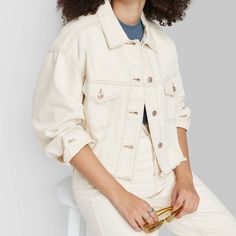 Denim Trucker Jacket Made Of 100% Recycled Cotton Cropped Silhouette With Mid Length Collared Neckline With A Button-Down Design 2 Chest Patch Pockets Cropped Denim Jacket, Trucker Jacket, Wild Fable, Cropped Denim, Recycled Cotton, Mid Length, Cream Color, Coats For Women, Denim Jacket