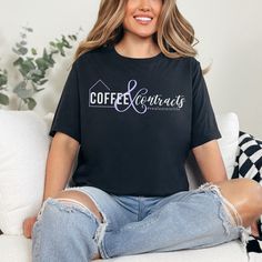 "Fuel your hustle and close deals in our Coffee & Contracts Real Estate Shirt! Fuel your real estate life with this comfy, stylish Bella + Canvas realtor tshirt! Featuring the relatable Coffee & Contracts #realestatelife slogan, a minimalist house illustration, and a bold ampersand, this shirt is the perfect blend of professionalism and personality for any realtor on the go. More than just a real estate agent shirt, it's a conversation starter: - Relatable design: Clients will instantly connect with the coffee-fueled reality of your profession. - Memorable tagline: \"Coffee & Contracts\" perfectly captures the essence of your daily grind. - Social media ready: The #realestatelife hashtag encourages engagement and builds your online presence. Made for the busy realtor: - Ultra-soft Bella + Comfortable Relaxed Fit Tops For Home, Cotton Crew Neck T-shirt For Home, Cotton Crew Neck Tops For Home, Casual T-shirt With Letter Print, Casual Letter Print T-shirt, Casual Relaxed Fit Tops For Home, Short Sleeve Tops With Letter Print For Home, Realtor Apparel, Realtor Tshirt