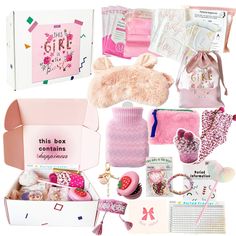 a box filled with lots of pink items