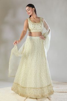 Off white lehenga with cutdana, sequins embroidered jaali pattern and floral jaal border. Comes with coordinating floral jaal embroidered blouse and border work dupatta. - Aza Fashions Jaali Pattern, Off White Lehenga, Astha Narang, Cape Lehenga, Kurta Lehenga, Lehenga Pattern, White Lehenga, Lehenga Skirt, Cocktail Reception