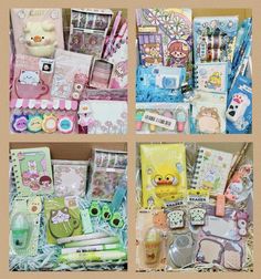 the contents of an assortment of stationery items are arranged in four separate pictures, including pens and notebooks