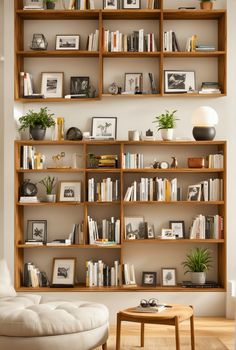 a living room filled with lots of bookshelves next to a white couch and coffee table