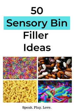 the cover of 50 sensory bin filler ideas, including sprinkles and beads