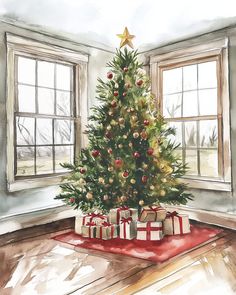 a watercolor painting of a christmas tree with presents in front of two windows and a red rug on the floor