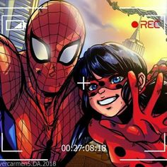 an image of a spider - man and woman in front of a cityscape