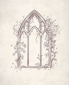 a drawing of a window with vines growing out of it