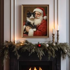 a painting of santa holding a black and white cat in front of a fire place