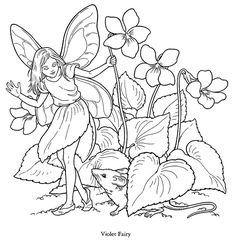 a fairy with flowers in her hand and a mouse near it, coloring page for children