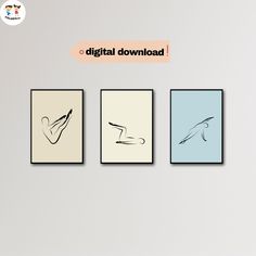 three framed pictures with the words digital downloaded above them, and an image of a person doing