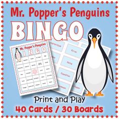 a penguin with the words mr popper's penguins bingo and an image of a penguin