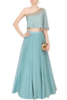 Frost blue sequinned cape top with tulle skirt available only at Pernia's Pop Up Shop. Cape Top, Colorful Crop Tops, فستان سهرة, Indian Designer Outfits, Designer Dresses Indian