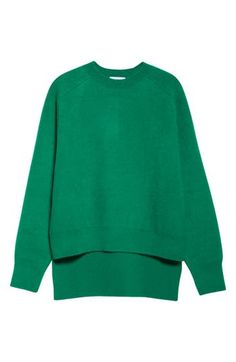 A dramatic high-low hem defines this chunky crewneck sweater knit from pure virgin wool in a verdant shade of green. 30" length (size Medium) Crewneck Long sleeves Ribbed cuffs and hem 100% virgin wool Dry clean Made in Italy Designer Clothing Green Cashmere Sweater With Ribbed Cuffs, Green Chunky Knit Crew Neck Sweater, Green Crew Neck Sweater For Layering, Green Sweater With Ribbed Cuffs For Work, Green Sweater For Work, Green Wool Turtleneck Sweater, Green Cashmere Long Sleeve Sweater, Green Wool Sweater With Textured Knit, Green Long Sleeve Cashmere Sweater