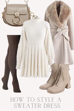 Posh Autumn Outfits, Sweater Dress Casual Outfit, Cream Colored Sweater Dress, Cream Knit Dress Outfit Winter, White Sweater Dresses, Feminine Winter Dresses, Outfits With Cream Sweater, Autumn Winter 2024 Fashion Trends Women, Cosy Winter Outfits Casual