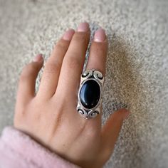 Large onyx ring sterling silver, black gemstone ring goth ring Black crystal ring made in Armenia gifts for women Handmade silver ring with natural black onyx. The ring is large and has a unique look! The free size of this ring lets you give a gift without knowing the size of finger) Also, All our pieces have the perfect design, modern look, and best quality ▶Ring weight: 18.53 gr ▶Length: 45 mm ▶Width: 25 mm All our jewelry is made of high-quality sterling silver and is stamped with a 925 stamp Red Crystal Ring, Black Crystal Ring, Black Gemstone Ring, Goth Ring, Obsidian Ring, Black Onyx Ring, Ring Black, Crystal Ring, Filigree Ring